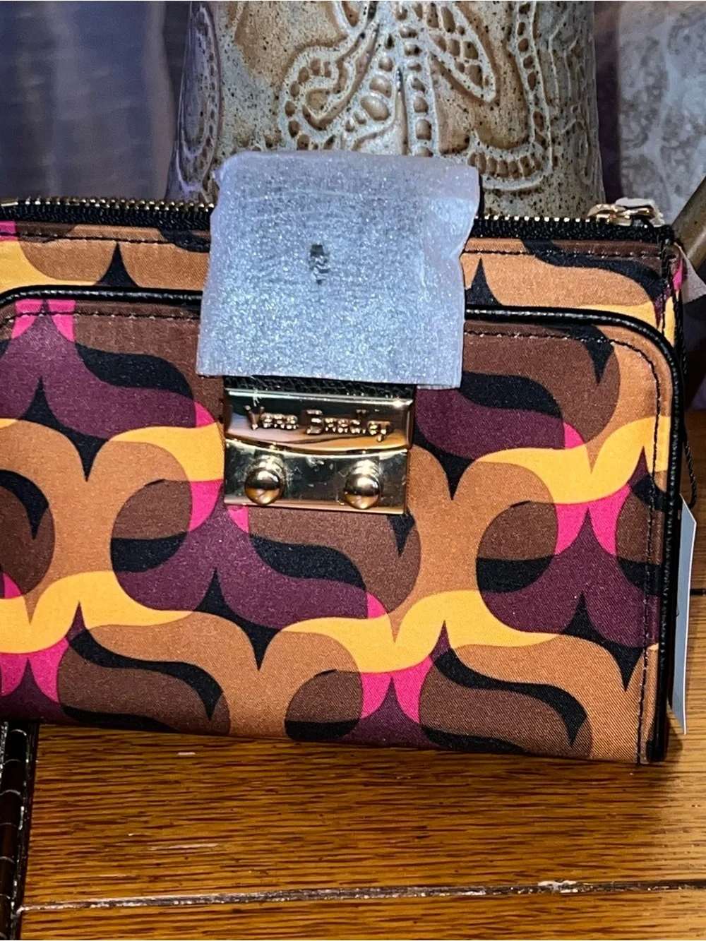 Vera Bradley Modern Lights Pushlock Bifold Wallet Brown Purple Print